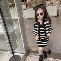 Girl Han Fan Tide Clothes Suit Spring Autumn New Children Striped Knitted Dress Baby Han Edition Fashion Cardiovert two sets