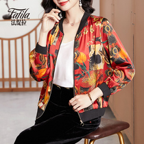 Mothers Silk Coat Womens Short Long Sleeve Spring and Autumn Dress New Printing Thin Section Versatile Jacket Baseball Uniform Tops