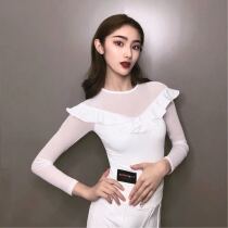 INS F019 LOTUS LEAF SIDE NATIONAL MARK DANCE Morden dance blouses womens practice Professional Mesh Yarn Splicing
