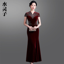 Nail Beads Golden Velvet Qipao Qipao Long host wedding in old age Mom noble gown Yohei mother-in-law Wedding Banquet