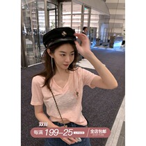 skibyTannin loose T-shirt women ins Super fire 2021 summer new pink V neck cotton linen short sleeve top thin