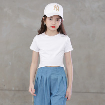 Girls foreign style short wooden ear t-shirt fashion short-sleeved summer big childrens front short back long white T-shirt top