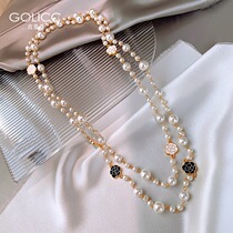 Atmospheric autumn and winter long pearl necklace with double layer camellias chain Women 2021 New wave accessories Accessories Decorations