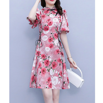 Improved Qipao Big Code Summer Fat MM Pear-shaped Stature Slim Fit Slim Fit Dress Dress Woman Temperament National Wind Shatter Dress