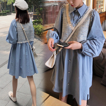Pregnant women autumn coat 2021 New Korean fake two shirt skirt long pregnant women dress autumn and winter