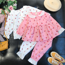 2021 Spring and Autumn New Girl Lace Pajamas Set Female Baby Home Clothes Thin Children Long Sleeve Two-Piece Set