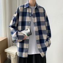 Plaid shirt mens long sleeve Korean trend ins Joker shirt trendy brand fat size inch shirt spring and autumn small coat