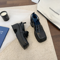 Mary Rare Leather Shoes Woman 2021 Spring new square head thick bottom heel Heightened Yinglen College Wind Jk Single Shoes