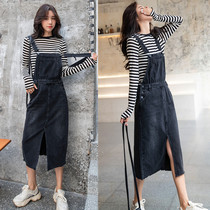 Long denim sling dress female 2019 autumn new fashion high waist loose Korean tide black suspender long skirt