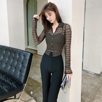 Kaka Womens Official Han Edition V-leaning Grace Shirt Early Autumn Hollow T-shirt