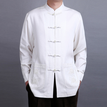 Baifulong mens Tang long-sleeved top new spring high-grade ethnic style Chinese plate buckle shirt Dad large size