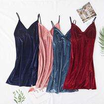 Sexy gold velvet short sling nightgown autumn and winter thick ladies home wear pajamas morning robe inner skirt with chest pad