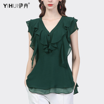 Summer Short Sleeve Snowspinning Jersey Woman Lotus Leaf Side V Collar Design Sensation Blouse Slim Temperament Shirt 100 Hitch Cardigan