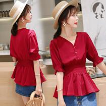New French style collection of cashew blouses with small shirts foreign air bubbles sleeves Belly Short Sleeve Wine Red V Collar Snow-spinning Shirt Woman