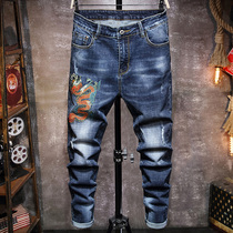 Autumn New broken hole jeans mens trend slim feet mens embroidery Joker stretch casual long pants men