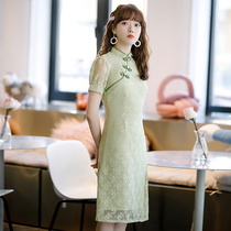 Small fresh cheongsam 2021 new female summer young girl improved version sweet a-line skirt green short section