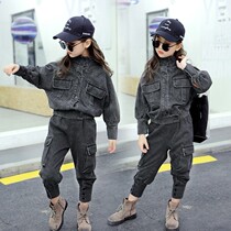 Girls Net red suit autumn dress Korean version of foreign style Tide brand nine 12 ten 15 year old girl casual denim two sets