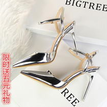 European and American 2022 spring and summer new pointed shoes lacquered leather metal sandals OL fine heel high heel shoes with a single shoe female silver