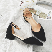 Sandals women 2021 new baotou high heels summer students wild pointed word buckle belt thick heel medium heel shoes