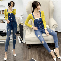 Denim Strap pants Womens Stretch Slim Korean version of high waist student 2019 spring tight hole suspenders jumpsuit