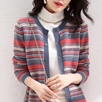 Cashmere Striped Knitted Cardigan Women 2021 Autumn and Winter New Temperament Premium Loose Lazy Wool Top