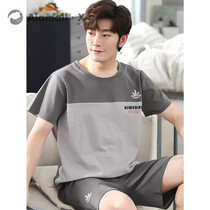 Mens pajamas short sleeves shorts summer cotton thin dad middle-aged and elderly summer mens loungewear suit can be worn outside