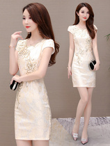 Cheongsam dress womens summer 2021 new foreign style slim vintage embroidery little man Foreign pack hip one step skirt