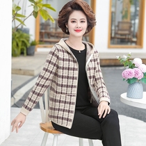 Mother's autumn coat 2021 new foreign style middle-aged women's sweater with spring and autumn plaid jacket knitted cardigan