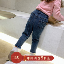 Children 2020 new girls plus velvet padded pants baby winter warm childrens clothing foreign style wear jeans tide