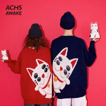 ACHS AWAKE tide card lucky cat long sleeve round neck male autumn loose lazy wind couple sweater sweater