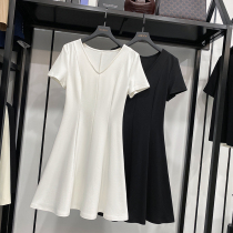 MRMW2021 summer New V collar short sleeve dress female chic temperament thin long small black dress A- line dress