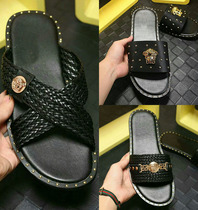 2020 Summer new Fashion Cool slippers male outwear genuine leather 100 lap slippers Mens beauty Duesha High rivet beach shoes