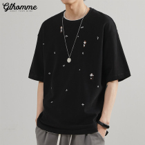 Summer new men short sleeve embroidery T-shirt loose casual 100 hitch trend round collar black Compassionate Half Sleeve