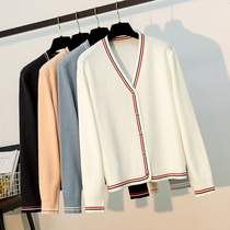 Outside cardigan womens spring and autumn thin wear loose knitted jacket Contrast color gentle wind soft waxy sweater shawl shirt