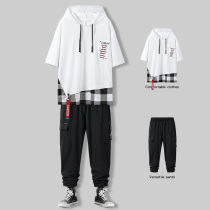 Even cap leave two short sleeves t-shirt male summer suit 2022 new trendy men outfit with a pair of handsome clothes