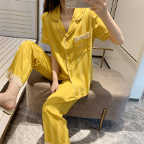 Short Sleeves Long Pants Pyjamas Woman Spring Summer 2021 New Ice Silk Thin Lace Sexy Striped Real Silk Home Wear