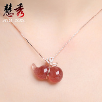 Natural strawberry crystal small gourd necklace Rose gold sterling silver crystal pendant trick peach flower clavicle chain Light luxury niche women