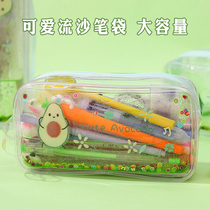 Large Capacity Pen Bag Women Ins Brief Tavericks Oil Fruits Green Junior Middle School Students Cute Transparent Streaming Sand Pencil Bag