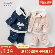 davebella David Bella baby childrens clothing autumn and winter mens clothing cartoon velvet home clothing set