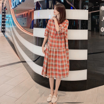 Maternity dress 2021 summer new fashion loose medium long cotton plaid top pregnant skirt tide