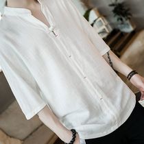 Linen short-sleeved mens loose Chinese style T-shirt mens Tang cotton linen coat large size fat man half sleeve summer thin section