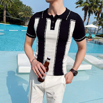 2021 summer British style slim-fit knitted polo shirt mens casual short-sleeved t-shirt lapel trend top half-sleeved