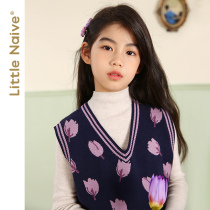 LittleNaive small naive autumn girl retro vest middle child sweater V collar flower pullover sweater