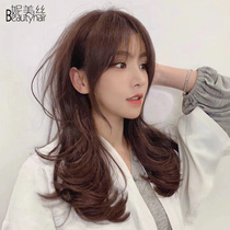 womens wig long curly large wave medium long hair net red cute air bangs natural full head cover wig cover