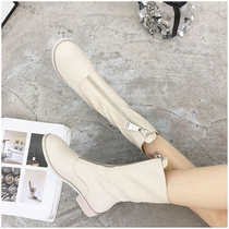  White booties womens 2020 autumn and winter new all-match front zipper boots plus velvet inner heightening Martin boots British style