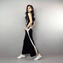 Hong Kong 2019 summer fashion sports suit women slim vest split wide leg pants ice silk knitted two-piece set