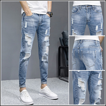 Breaking hole jeans men scraped summer thin mens ankle-length pants slim feet breathable stretch st pants Cotton