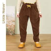 LittleNaive autumn pants girls corduroy casual pants buds waist head high waist straight trousers