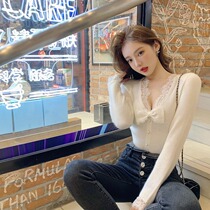Fenchy Lace base shirt Women Spring and Autumn in Sexy Slim Body Bow Knitted Sweater Womens Top