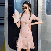 Lace cheongsam 2021 new female summer young girl short modified dress fishtail little man